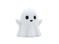 A white knitted ghost figurine with black embroidered eyes and a small black smile, standing against a seamless light gray background.