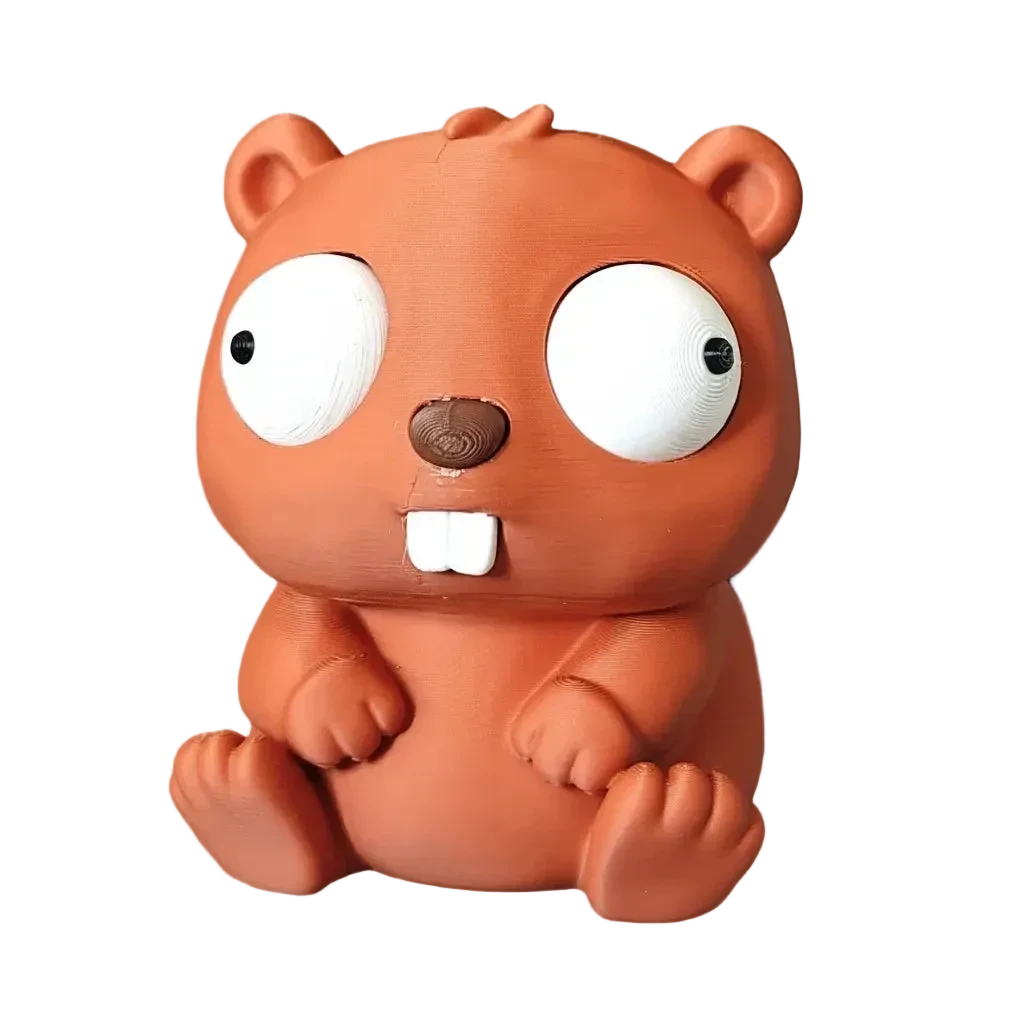 A cartoon-style brown beaver or nutcracker toy with large white eyes, a small dark brown nose, white teeth, and a dark tail, shown on a transparent checkerboard background.
